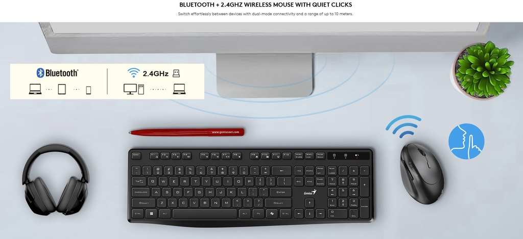 Genius Mouse Ergonomic Wireless+BT Vertical Silent AI 8350S Dark Grey