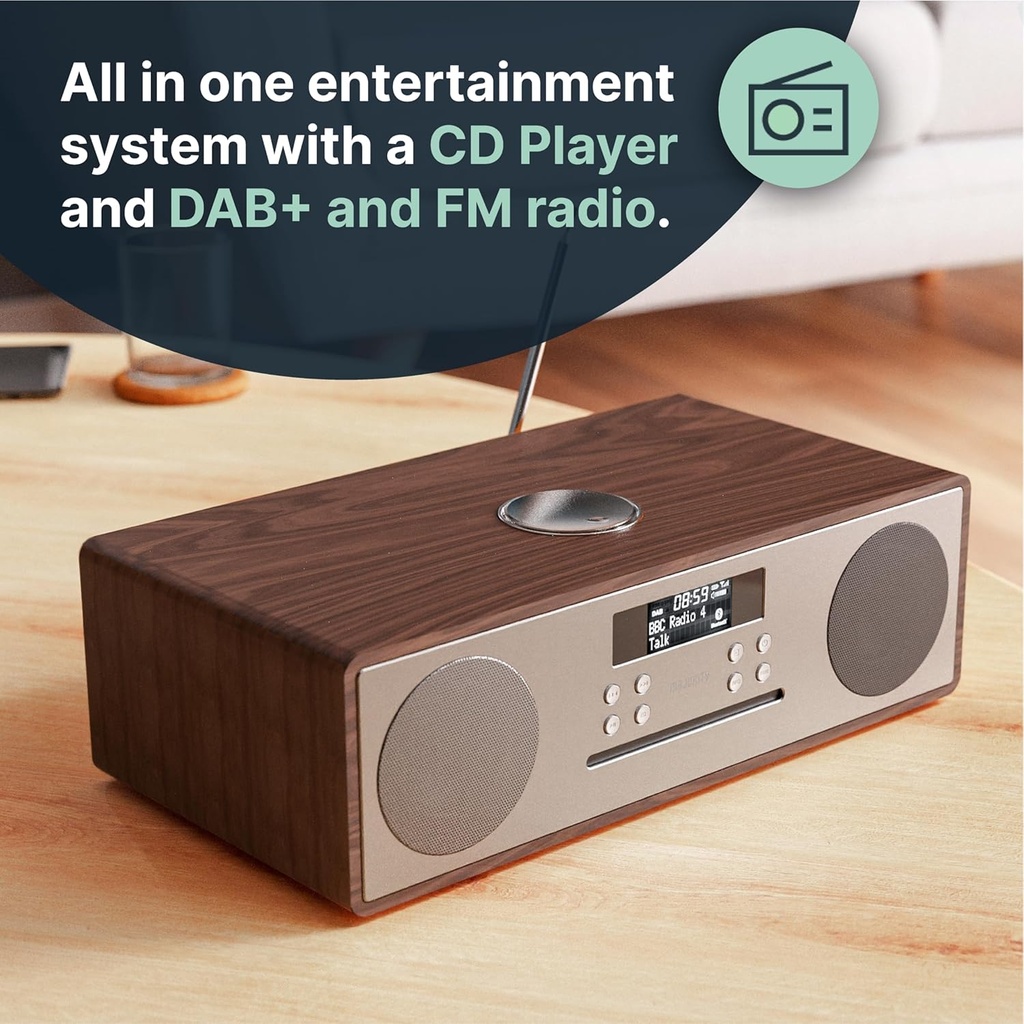 Majority OAKINGTON Walnut Mini HiFi System 120W with CD Player, Bluetooth, FM Radio, USB Play & Phone Charging