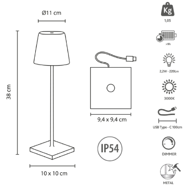 KELU CHLOE USB-C Rechargeable IP54 Table Lamp 200LM 4400mAh White
