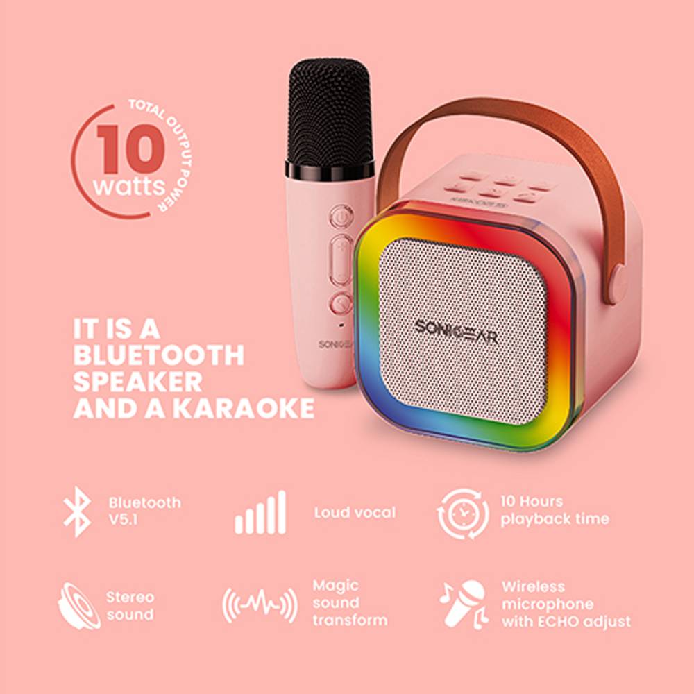 SonicGear IOX K200 Karaoke Portable Speaker BT & Wireless Mic Pink