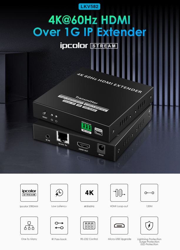 Lenkeng HDMI Extender over IP 4K60Hz 120m 1G IR Loop LKV582