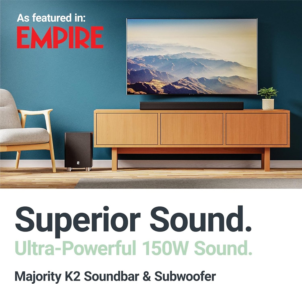 Majority K2 150W Soundbar with Wireless Subwoofer and BT,USB,Optical,HDMI (EU)
