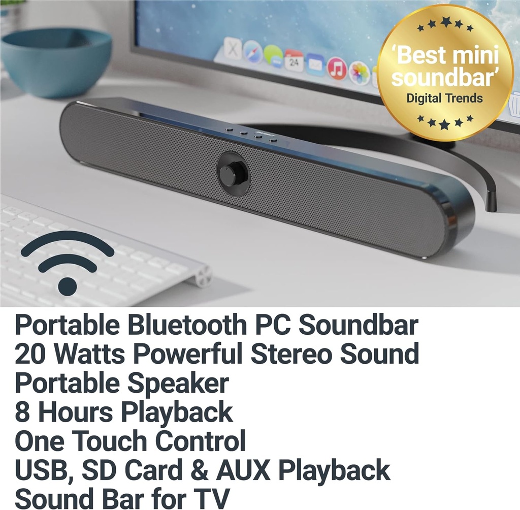 Majority ATLAS Portable PC/TV Soundbar 20W Bluetooth, USB & AUX, 8hr Battery Life