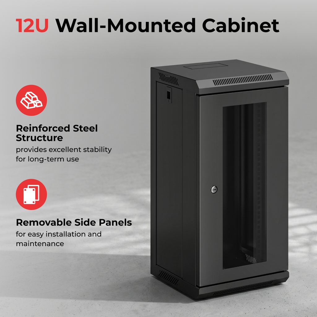 Lumivida Rack Wall 12U 10” with Glass Front Door & Removable Side Door (assebled) CAB-010-12U