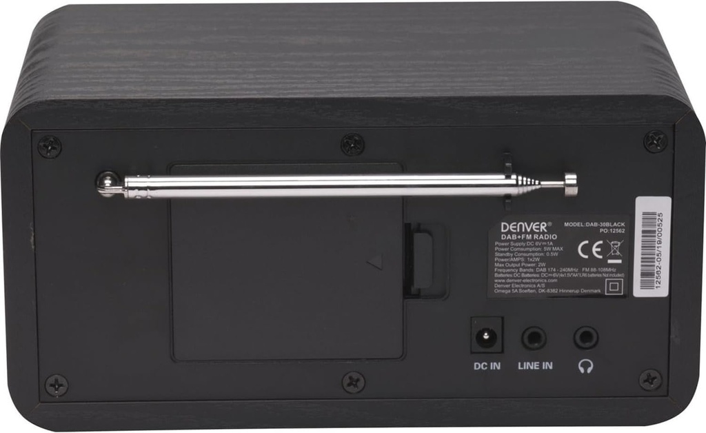 Denver DAB-30B Black FM Radio with Aux, Headphone out (Works with Mains or 4xAA Batteries)