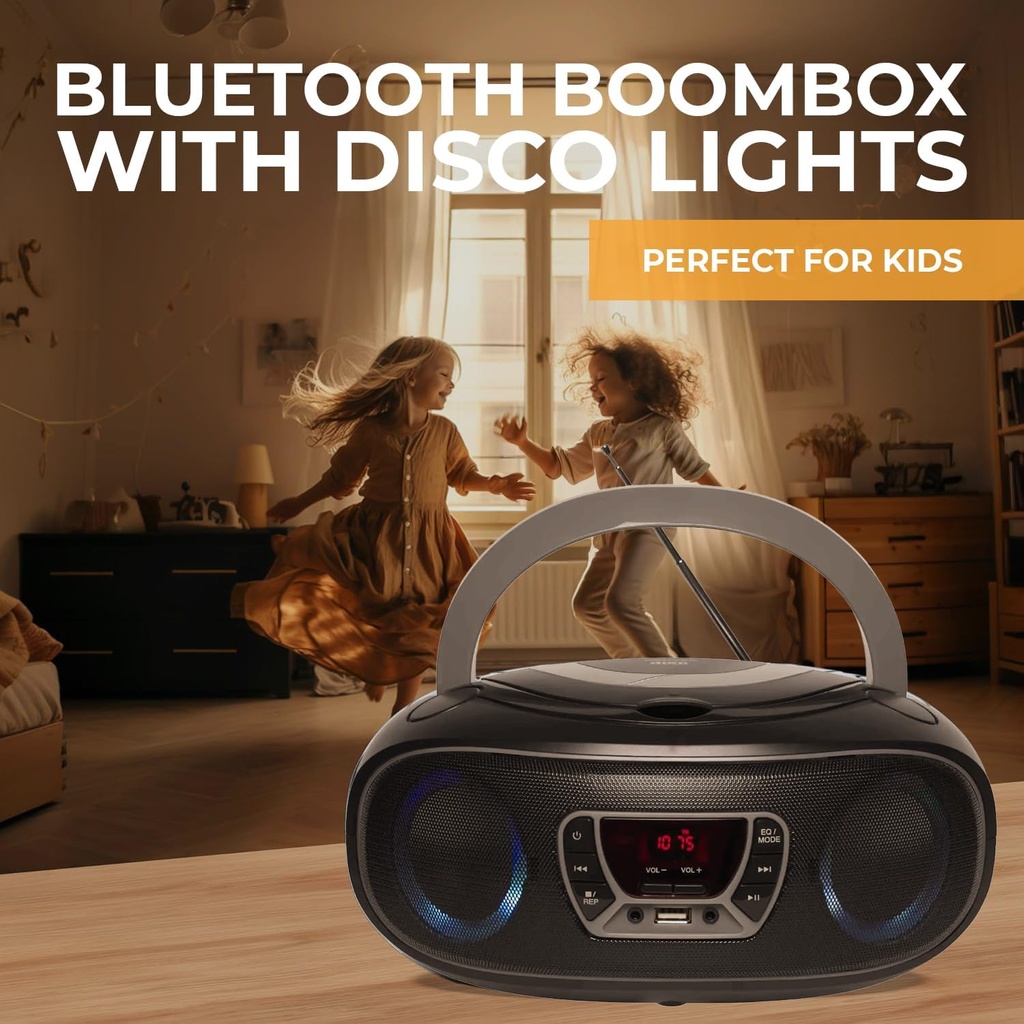 Denver TCL-212BTGR Grey Portable BoomBox with CD, FM Radio, USB, Bluetooth & LED Lights