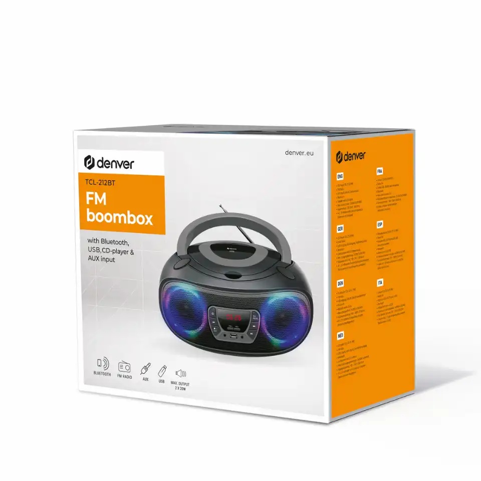 Denver TCL-212BTGR Grey Portable BoomBox with CD, FM Radio, USB, Bluetooth & LED Lights