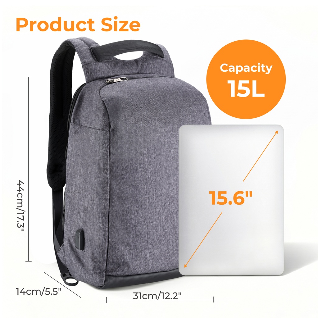 Lumivida Backpack Gray 15.6'' USB Port Anti-Theft Water-Resistant BKPK01-26
