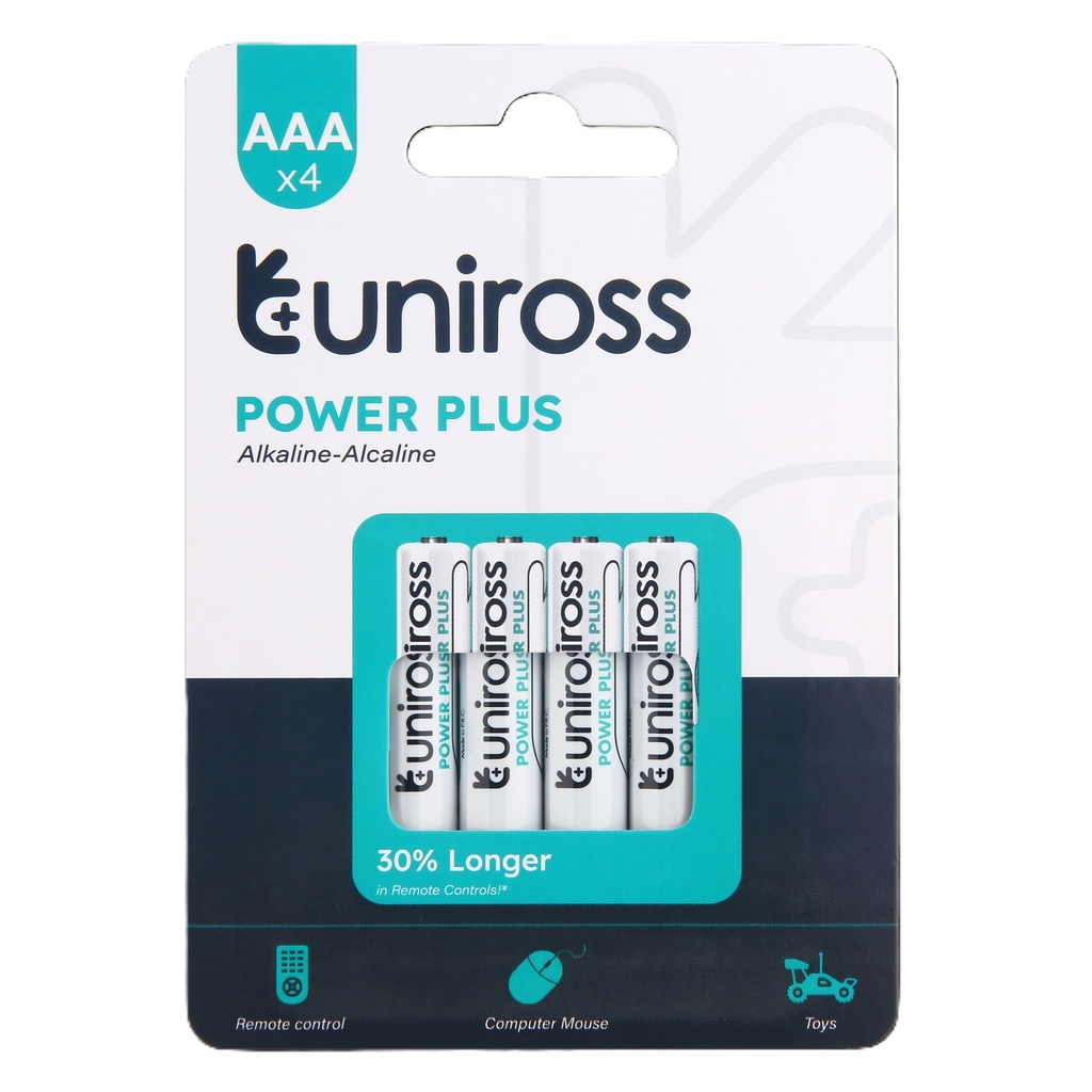 Uniross Alkaline AAA Power Plus Batteries 4 Pcs (Bundle of 15 Packs)