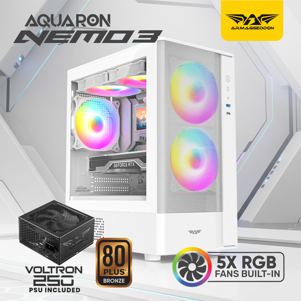 Armaggeddon Gaming Case M-ATX AQUARON NEMO 3 White (5x RGB Fans & 250W 80+ PSU)