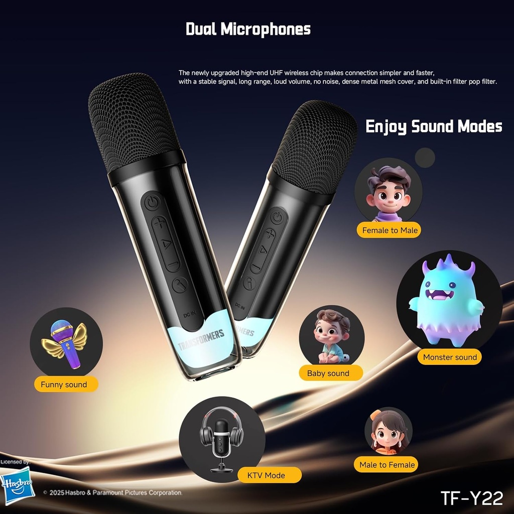 Transformers Y22 Yellow Portable Karaoke Party Speaker with 2 Wireless Microphones, Lyrics Display & Voice Changer