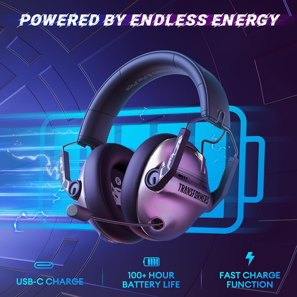 Transformers Wireless Gaming Headset 7.1 Surround Sound , 100H Playtime, Bluetooth 5.4, Foldable, TF-G03 Grey