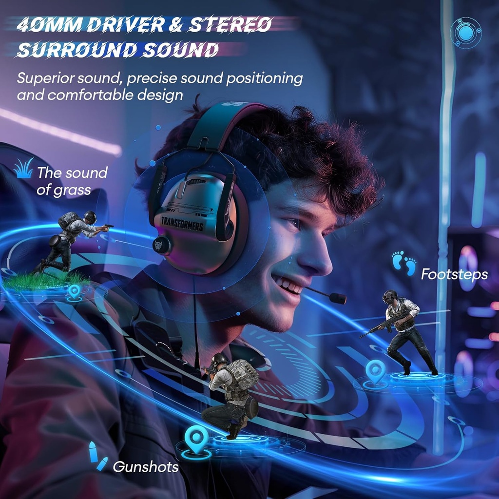 Transformers Wireless Gaming Headset 7.1 Surround Sound , 100H Playtime, Bluetooth 5.4, Foldable, TF-G03 Grey
