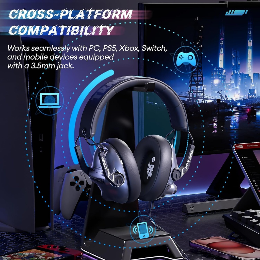 Transformers Wireless Gaming Headset 7.1 Surround Sound , 100H Playtime, Bluetooth 5.4, Foldable, TF-G03 Grey