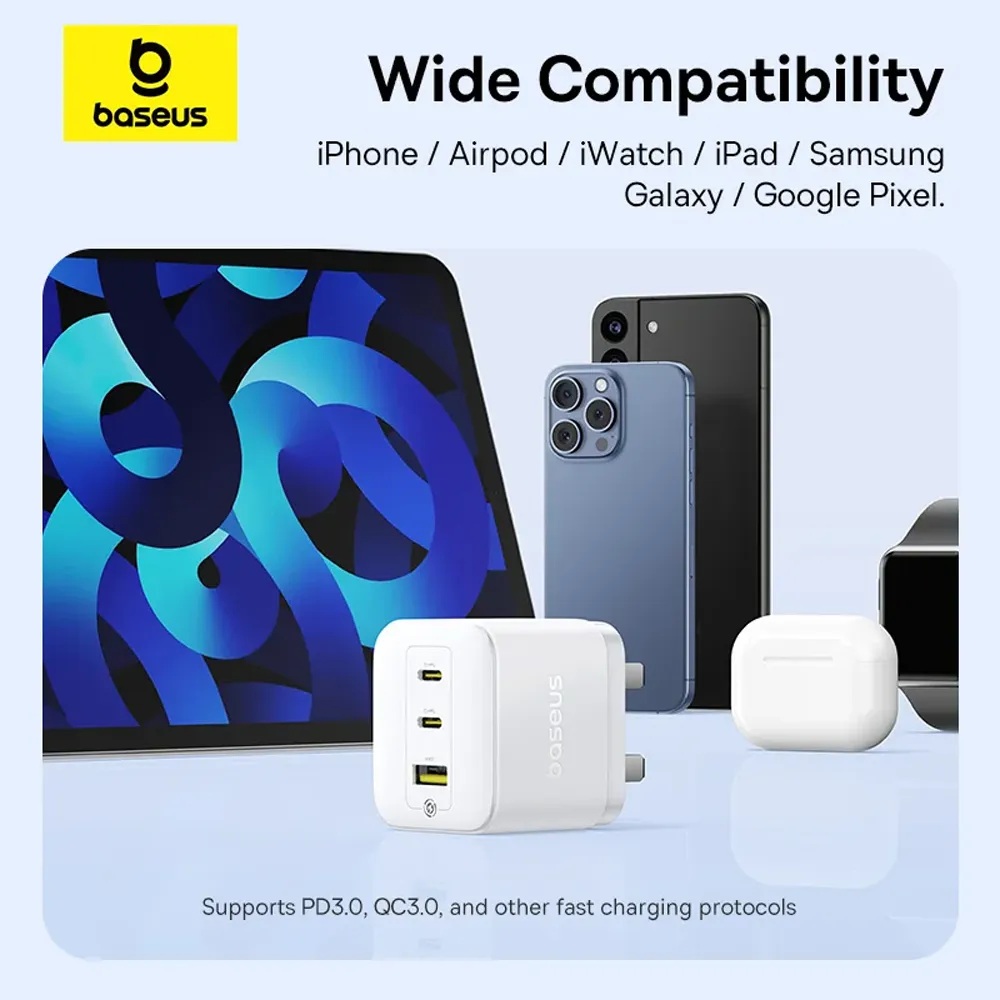 Baseus Charger Wall 65W USB-Cx2/USB-A UK+100W USB-C Cable PALM White