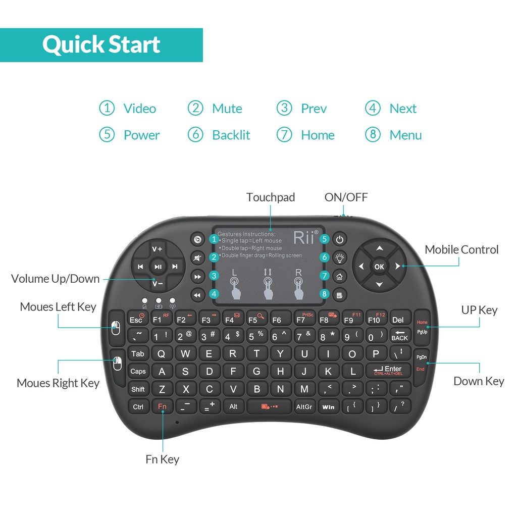 Rii Mini Keyboard Wireless 2.4GHz with Touchpad i8+