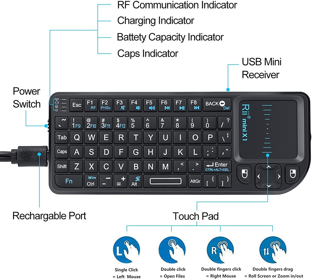 Rii Mini Keyboard Wireless 2.4GHz with Touchpad X1