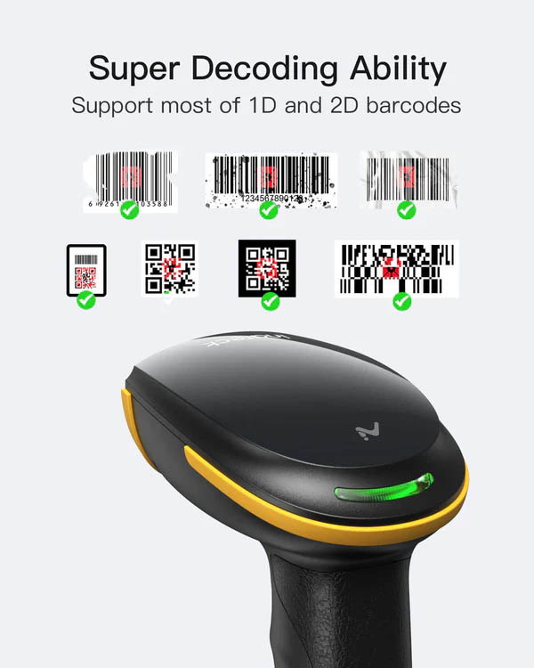 Inateck Barcode Scanner CMOS 1D/2D Wireless 2.4GHz/Bluetooth USB-A 2600mAh Charging Base AI BCST-36 Black