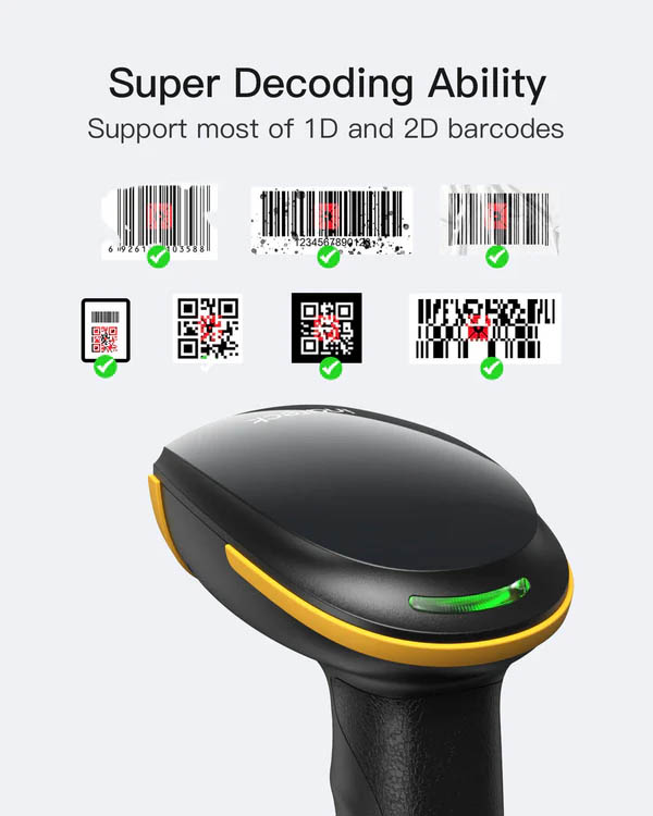 Inateck Barcode Scanner CMOS 1D/2D Wireless 2.4GHz/Bluetooth USB-A 2600mAh Adjustable Stand BCST-35 Black