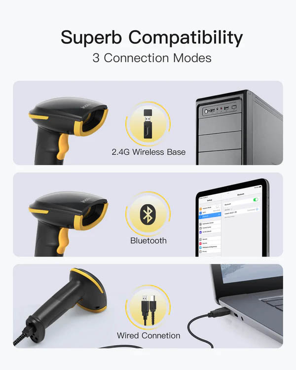 Inateck Barcode Scanner CMOS 1D/2D Wireless 2.4GHz/Bluetooth USB-A 2600mAh Adjustable Stand BCST-35 Black