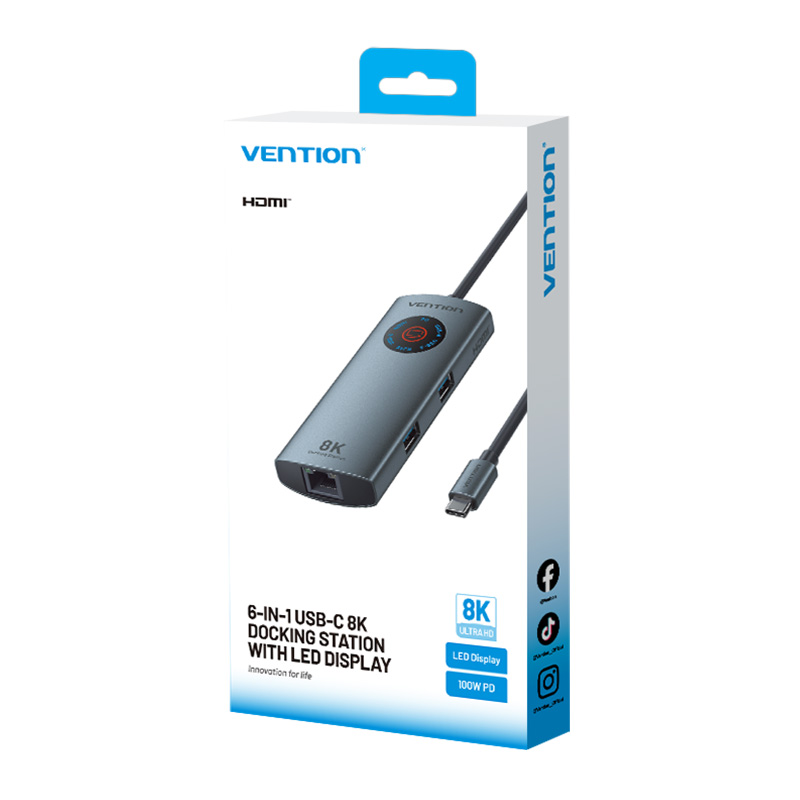 Vention HUB USB-C 3.2 Gen1/8K-HDMI/Gb/PD + LED Display & Switch TQZHB