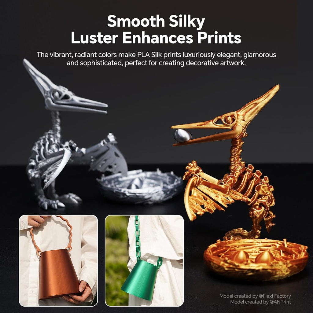 Anycubic PLA Silk Filament Gold 1Kg. Ideal Usage: Display models, figurines, cosplay armor/props, vases, jewelry, and de