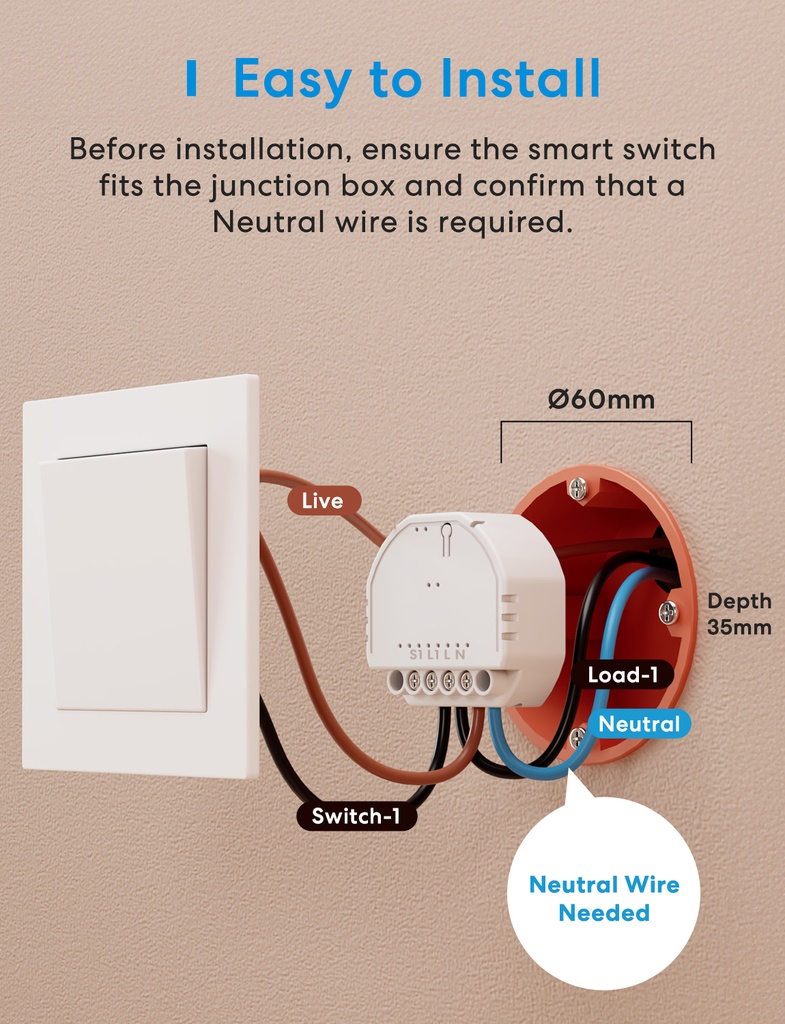 Meross Homekit Smart Wi-Fi In-Wall Switch 10A (Matter) MSS815MA-UN