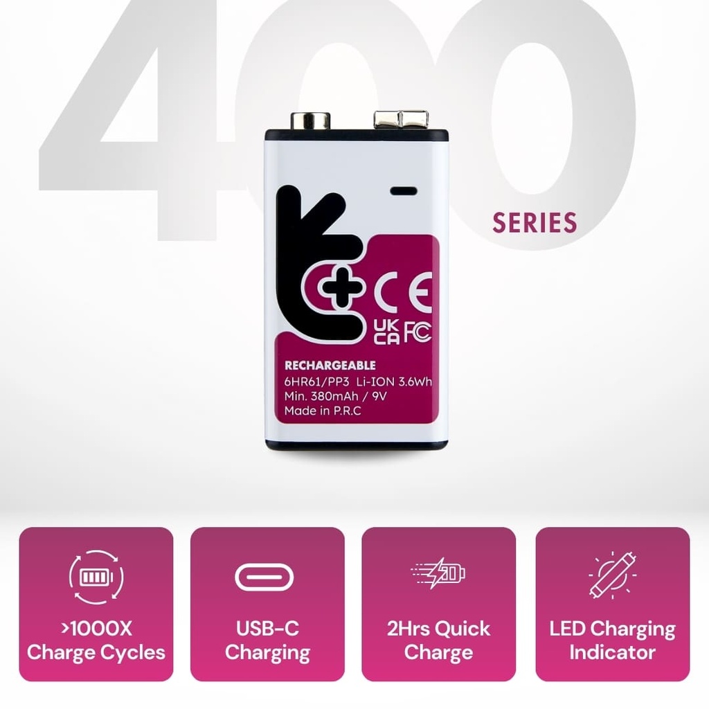 Uniross USB-C Rechargeable Lithium 9V Battery 400mah (1pc)
