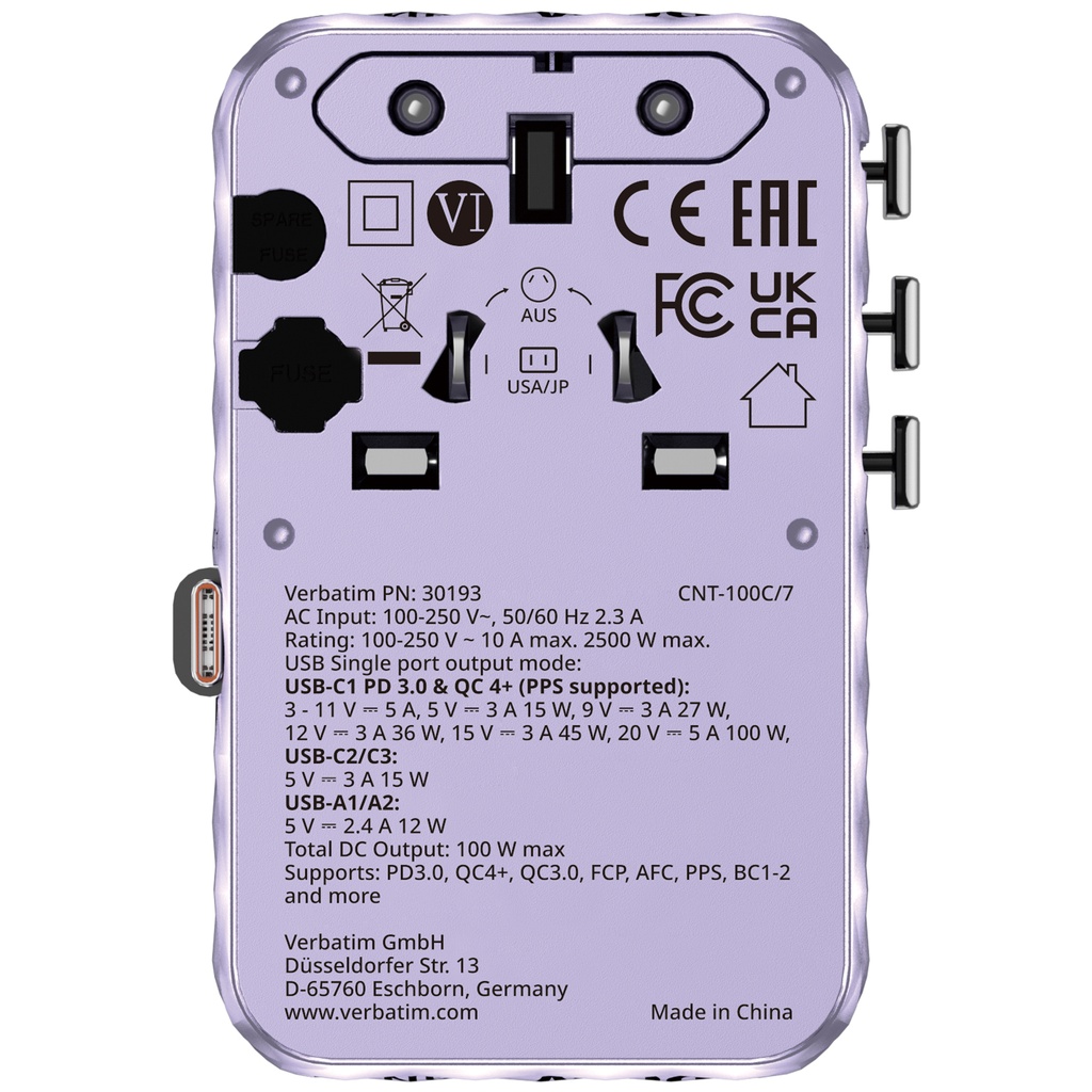 Verbatim Charger Travel Adapter 100W 2xC 2xA 1xRetractable USB-C Purple
