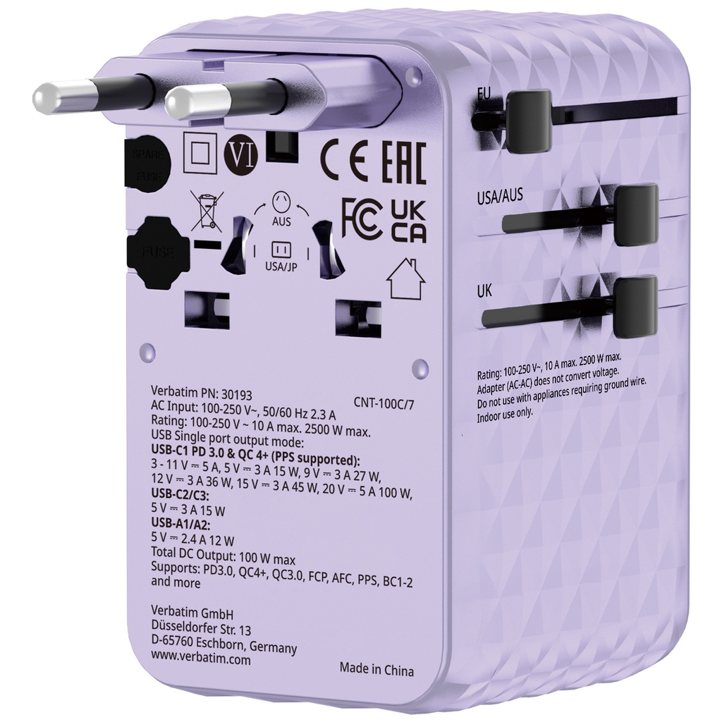 Verbatim Charger Travel Adapter 100W 2xC 2xA 1xRetractable USB-C Purple