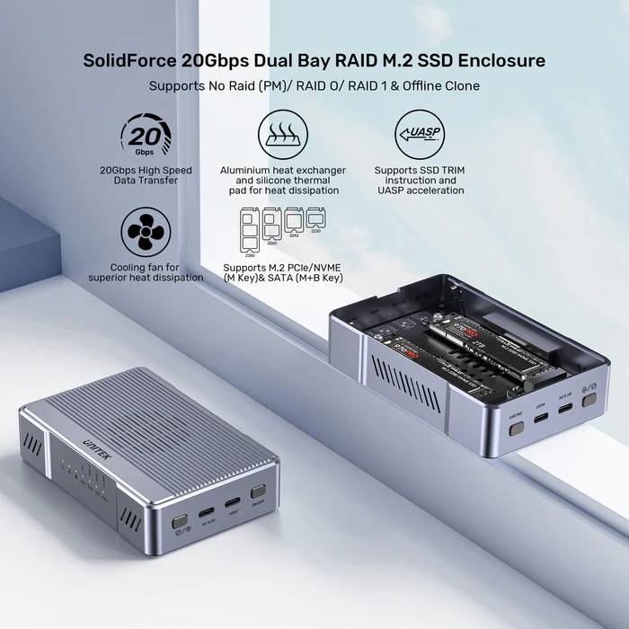 Unitek SolidForce 20Gbps 2-Bay USB-C External M2 SSD Enclosure with RAID S1247A
