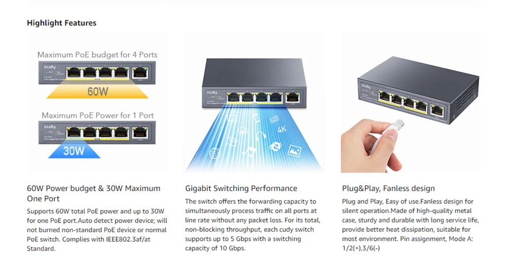 Cudy Switch PoE Gigabit 4PoE + 1GbE Uplink 60W GS1005P