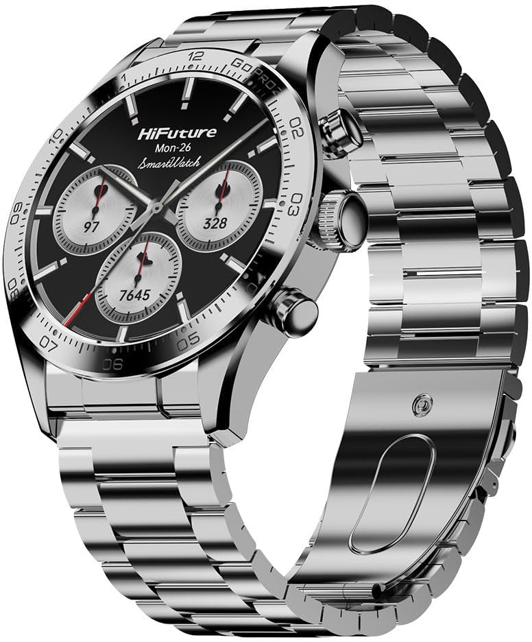 HiFuture GO PRO2 Silver Luxury Swiss-Inspired Elegance Stainless Steel SmartWatch with AMOLED Display, 10 Day Battery, 1
