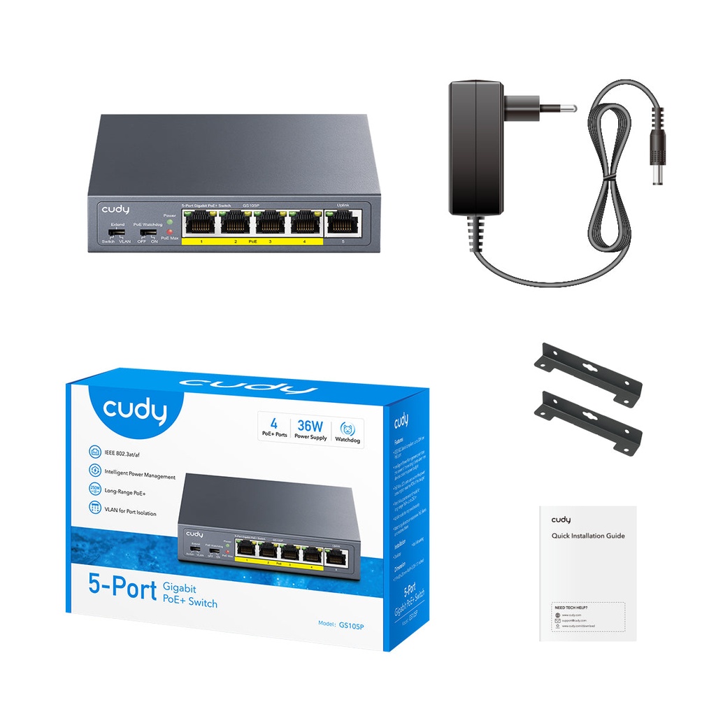 Cudy Switch PoE Gigabit 4PoE + 1GbE Uplink 30W GS105P