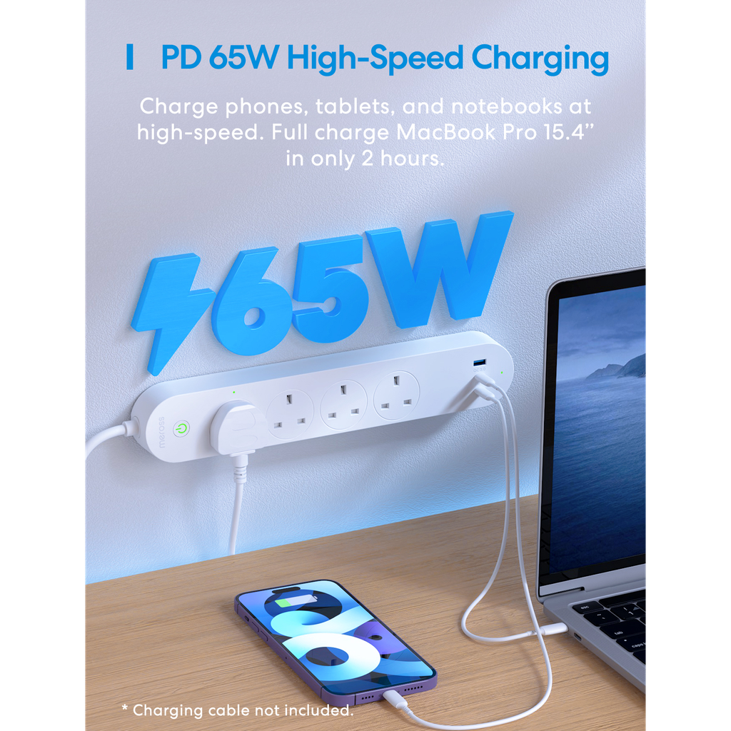 Meross Smart WiFi Powerstrip 4x AC sockets 1xUSB-A 2xUSB-C 65W 1.8m MSP843PHK-UK