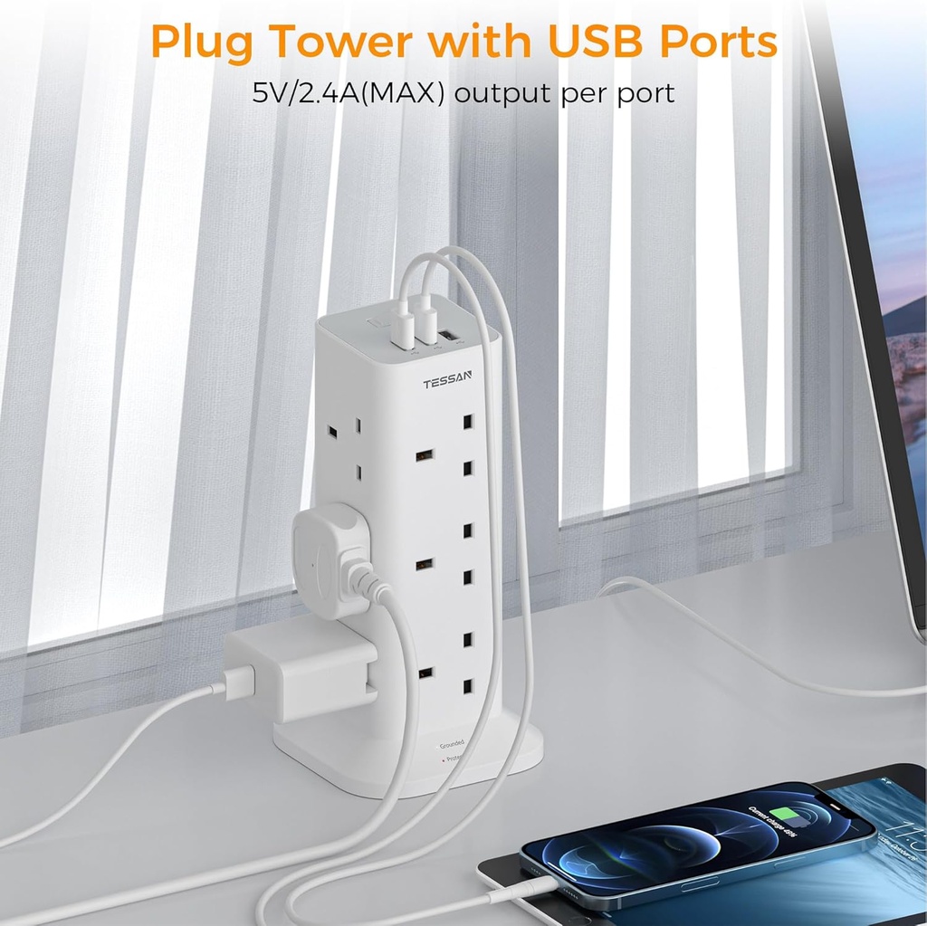 Tessan 12 Gang Extension 3 USB 2m 13A TPS04-UK-C