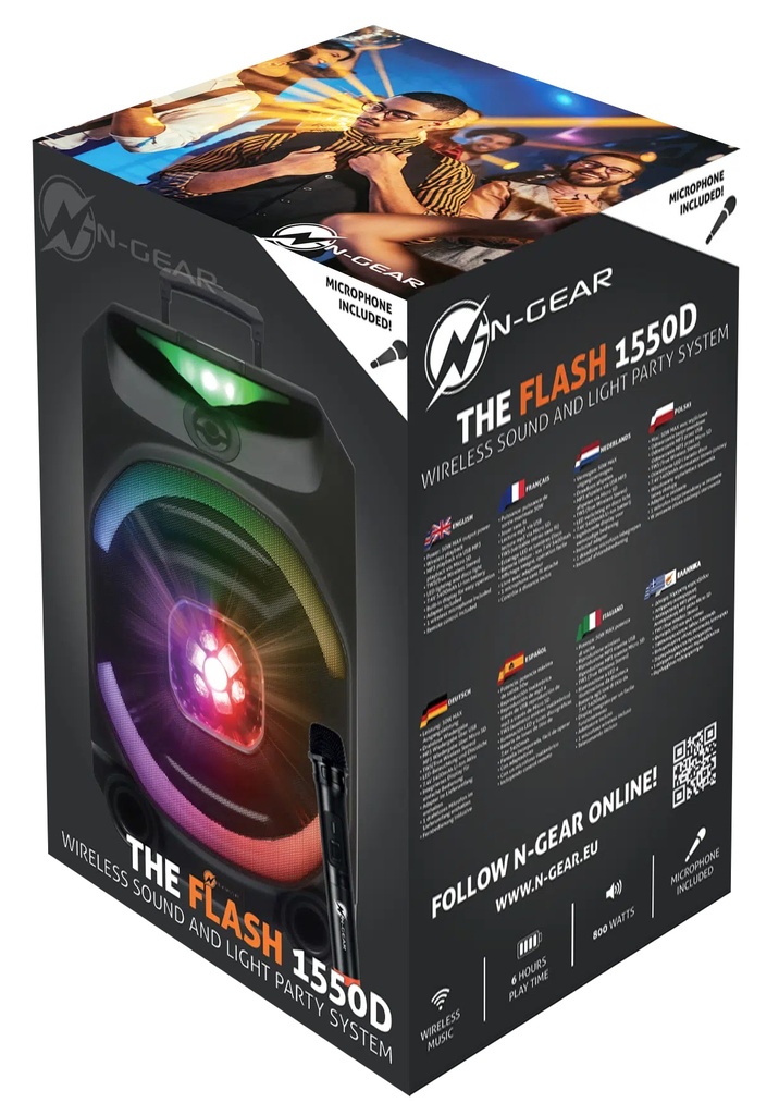 N-Gear FLASH1550 15'' Portable Karaoke Disco Speaker with Wireless Mic BT USB & LED Effects