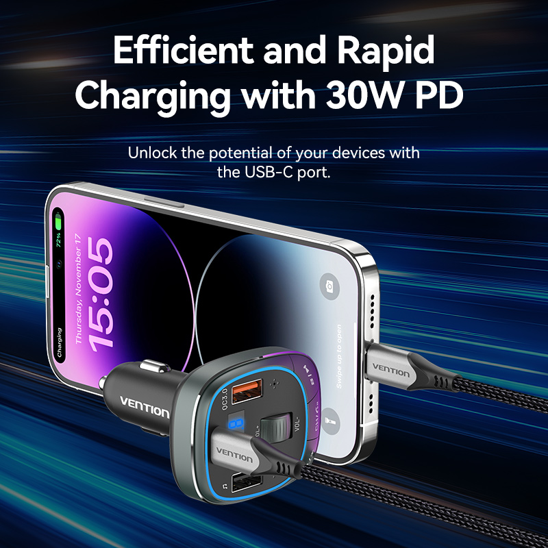 Vention Car FM Transmitter, USB Music Player & Charger 3xUSB 30W/18W/5W FFLB0