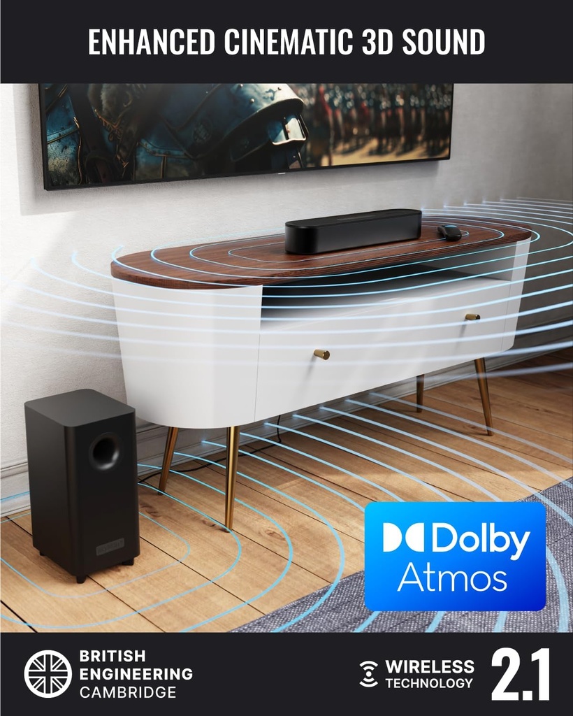 Majority BOWFELL AXIS ATMOS 2.1 200W Soundbar, Wireless Subwoofer, Dolby Atmos, Bluetooth, HDMI ARC/eARC, Optical, USB, 