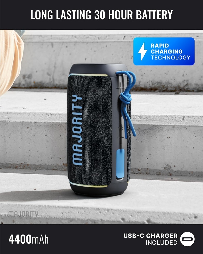 Majority MOVE 2 Rugged IPX67 Water Resistant 30W TWS RGB Bluetooth Speaker with LED Light Effects & 30H Long Lasting Bat