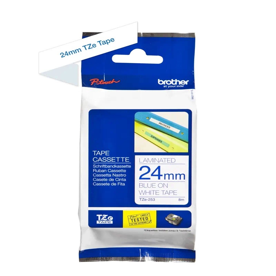 TZE253 24mm Blue On White Tape