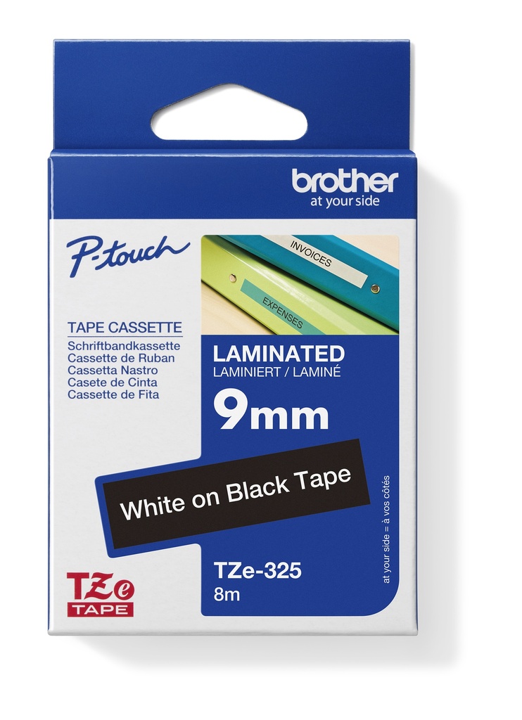 TZe325 (D) 9mm WHITE ON BLACK BROTHER P-TOUCH TAPE