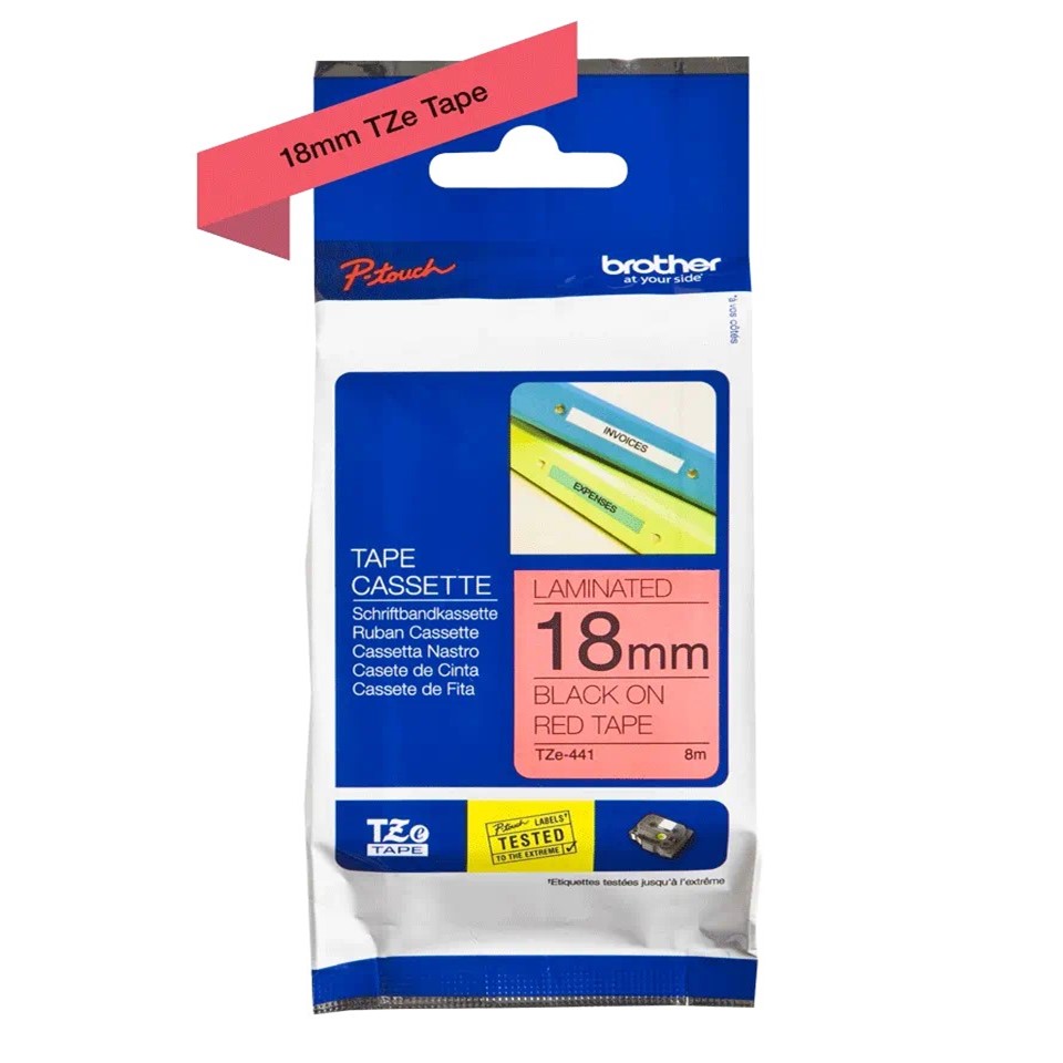 TZE441 18mm Black On Red Tape