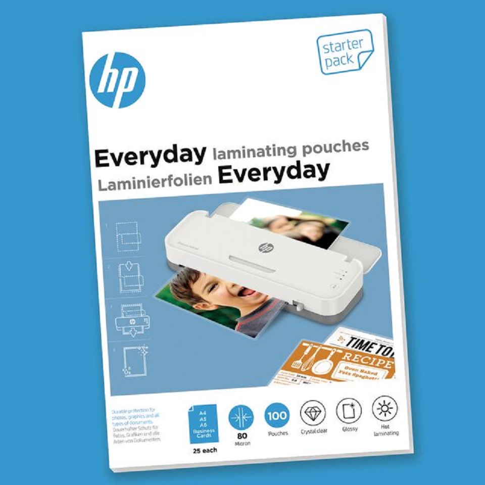 HP Everyday Laminating Pouches,Starter Set, 80 Micron, Pouches/Pack100 pcs (25 x A4, A5, A6, B-Card) 9158