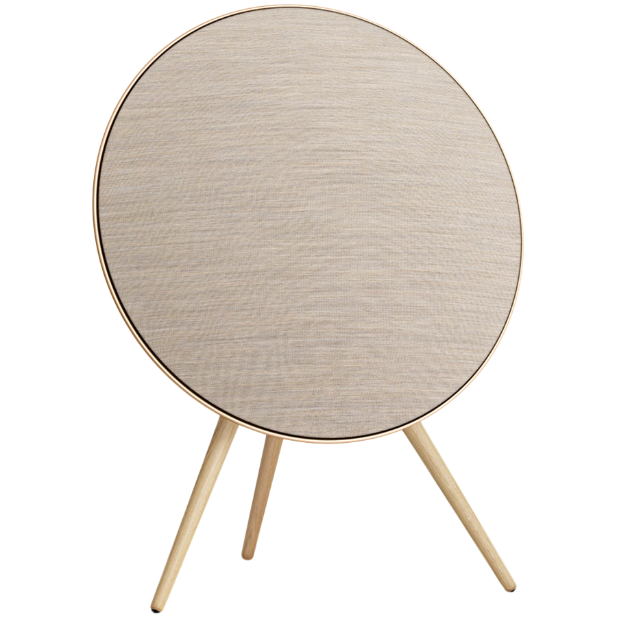 [1200633] Beosound A9 5th Gen Speaker Gold Tone (Back Sand/Cover Golden/Legs White Oak)