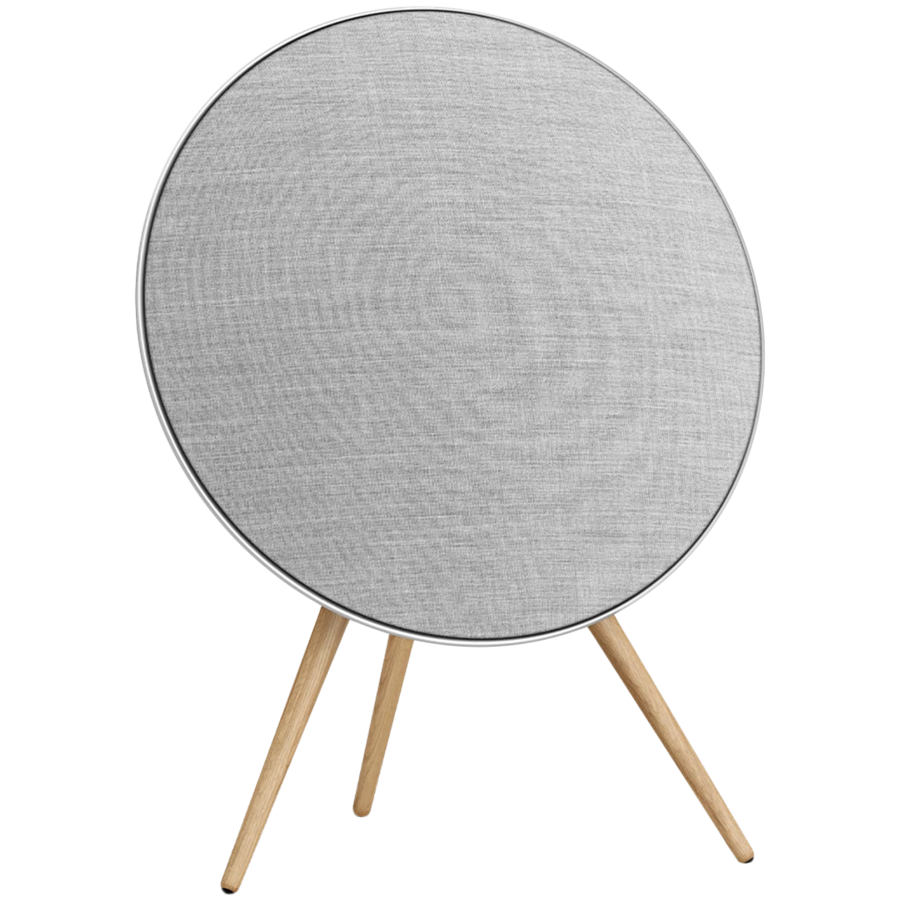 [1200634] Beosound A9 5th Gen Speaker Natural Alu (Back Grey Mist/Cover Kvadrat Light Grey/Legs Oak)