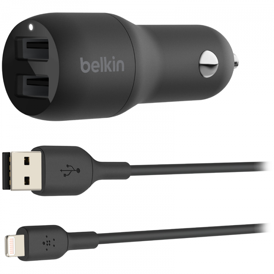BELKIN Dual USB-A Car Charger w/ 1M PVC A-LTG, 24W, BLK
