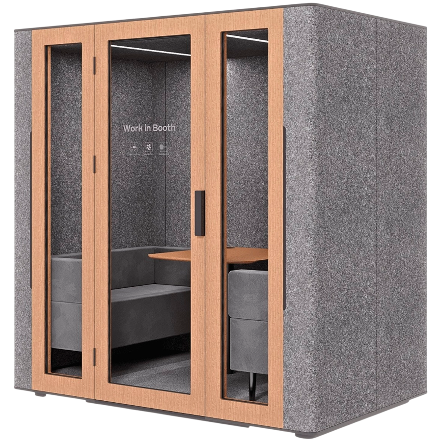 WORKBOOTH Four Acoustic booth with Media hub integration spot, Blind, Light grey felt, natural oak, Jazz Graphite fabric for sofa