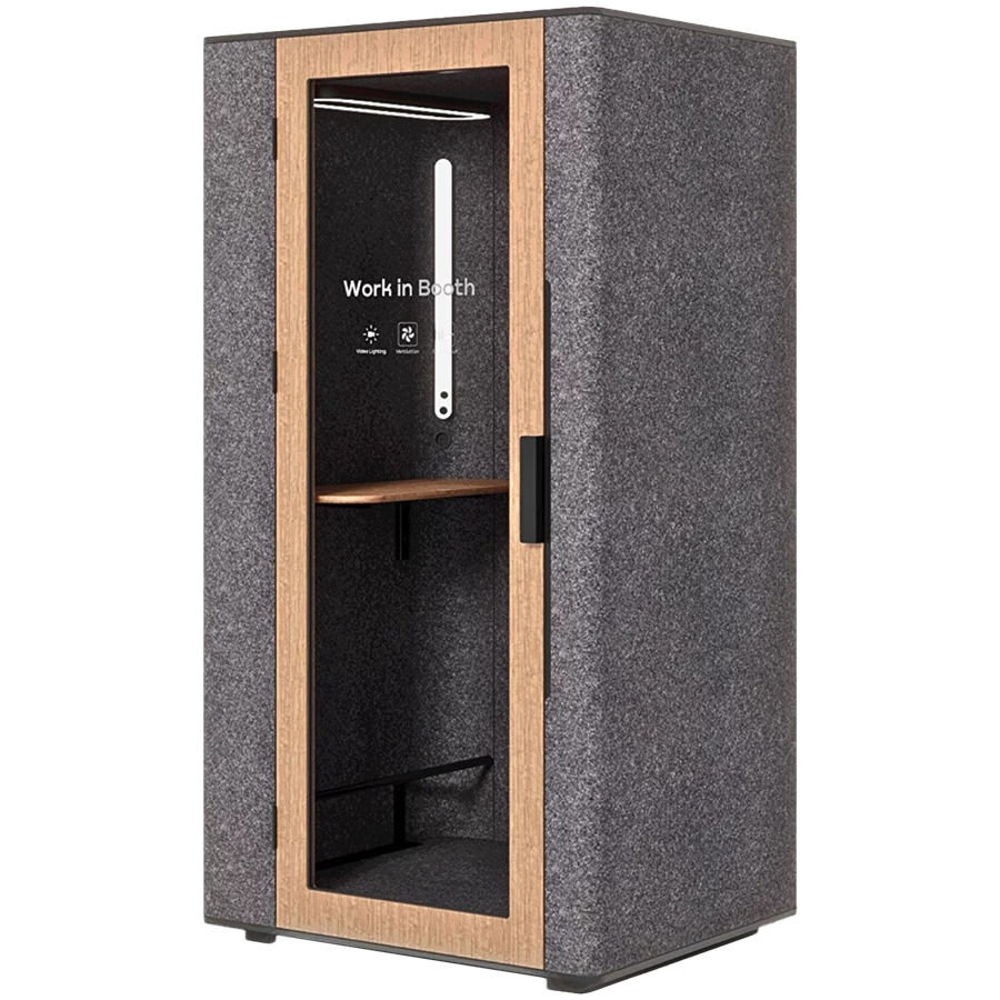 [L10-B-L-W00-00] WORKBOOTH One Acoustic booth with Media hub integration spot, blind back wall, light grey felt, natural oak veneer