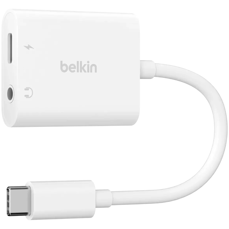 [NPA004BTWH] BELKIN RockStar 3.5mm Audio + USB-C Charge Adapter, supports fast charging up to 60W PD, White